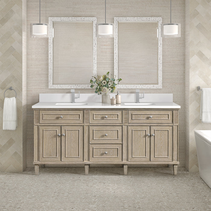 James Martin Lorelai 72" Double Bathroom Vanity in Whitewashed Oak, shown in a bathroom setting