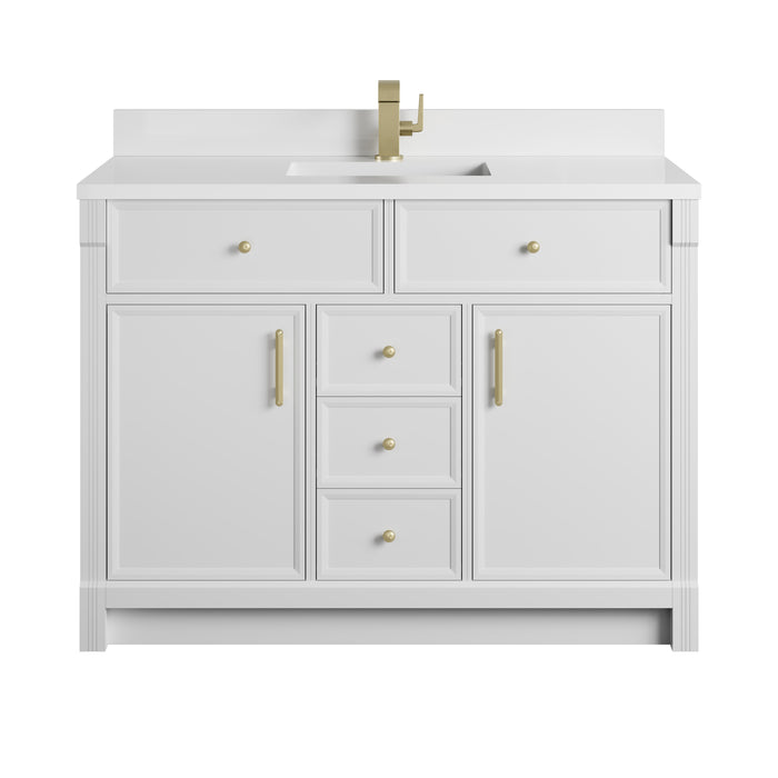 Bellshire 48" Single Vanity, Bright White w/ Single Hole 3 CM White Zeus Silestone Top and Matching Backsplash