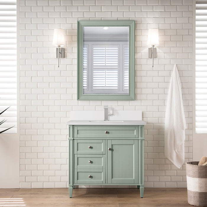 James Martin Brittany 36" Single Bathroom Vanity in Sage Green, shown in a bathroom setting