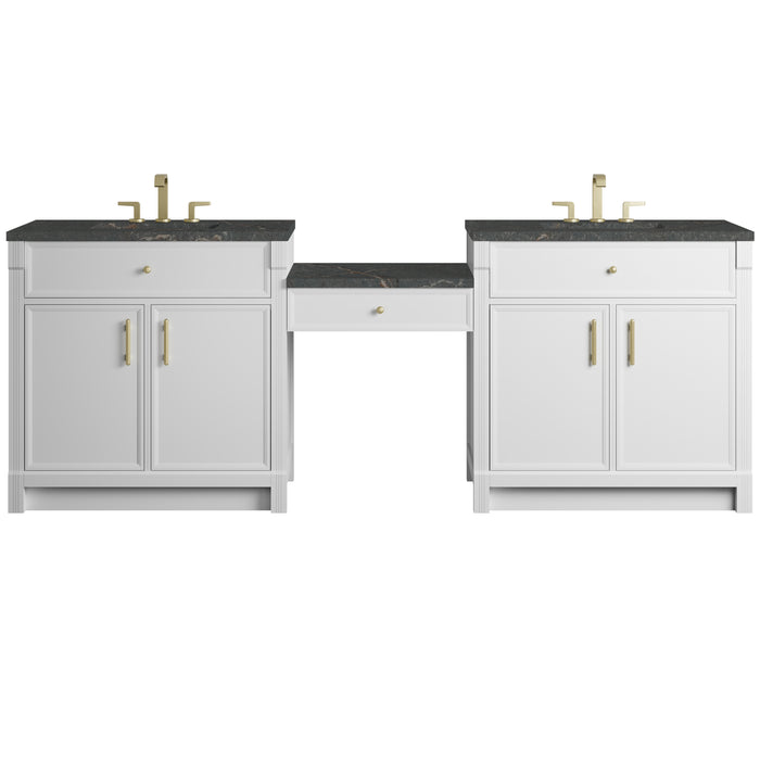 Bellshire 96" Dual Vanity Set with 24" Make-Up Counter, Bright White w/3 cm Parisien Bleu Silestone Top