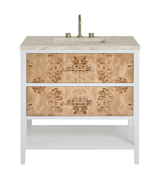 Olena 36" Single Vanity, Light Mappa Burl and Polished White, w/ 3 CM Tajnar Eclos Top