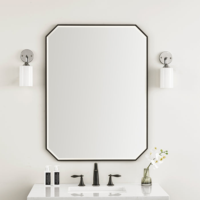 James Martin Rohe 30" Octagonal Mirror in Matte Black, shown in a bathroom setting