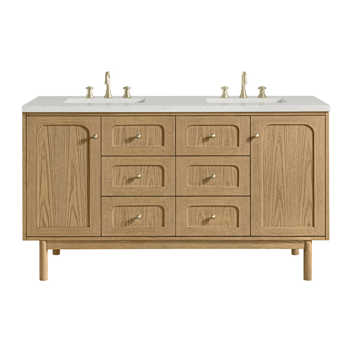 Laurent 60" Double Vanity, Honey Oak w/ 3 CM Victorian Silver Silestone Top w/FreePower Wireless Charger