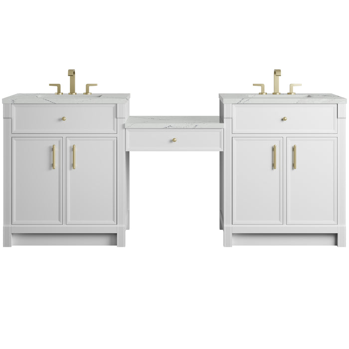 Bellshire 84" Dual Vanity Set with 24" Make-Up Counter, Bright White w/3 cm Ethereal Noctis Silestone Top
