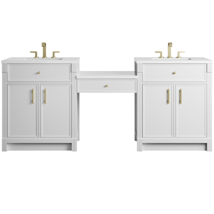 Bellshire 84" Dual Vanity Set with 24" Make-Up Counter, Bright White w/3 cm White Zeus Silestone Top