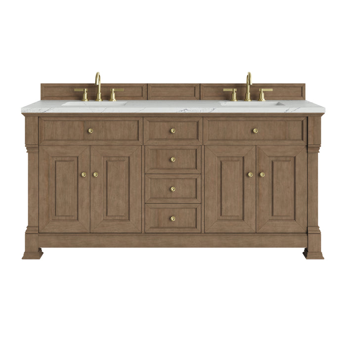 Brookfield 72" Double Vanity, Honey Oak w/ 3 CM Parisien Bleu Silestone Top w/ FreePower Wireless Charger
