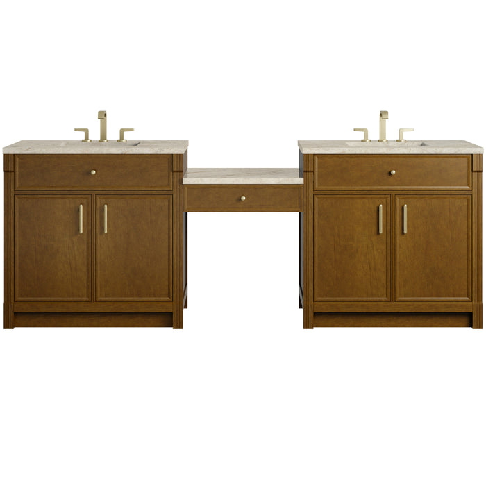 Bellshire 96" Dual Vanity Set with 24" Make-Up Counter, Honey Oak w/3 cm Tajnar Eclos Top
