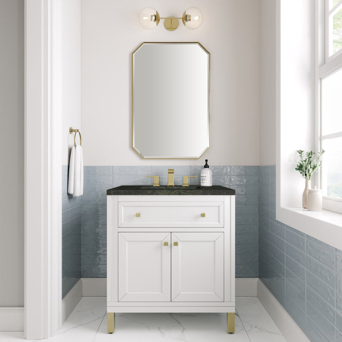 James Martin Chicago 30" Single Bathroom Vanity in Glossy White, shown in a bathroom setting