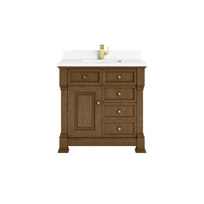 Brookfield 36" Single Vanity, Honey Oak w/ Single Hole 3 CM White Zeus Silestone Top & Backsplash