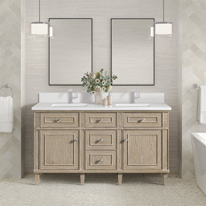 James Martin Lorelai 60" Double Bathroom Vanity in Whitewashed Oak, shown in a bathroom setting