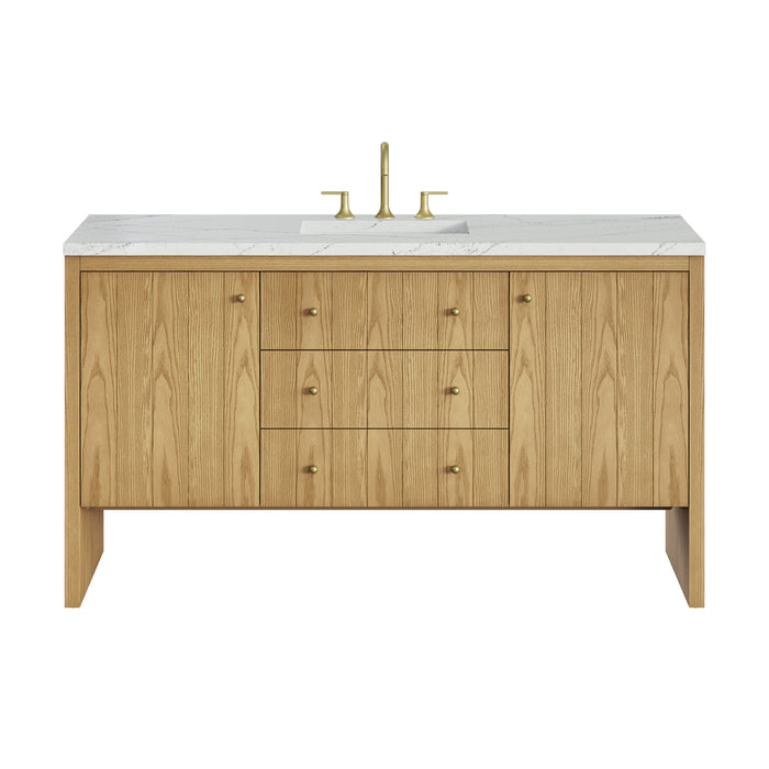 Hudson 60" Single Vanity, Honey Oak w/ 3 CM Victorian Silver Silestone Top w/FreePower Wireless Charger