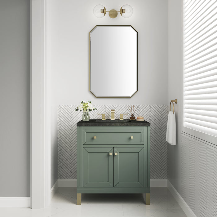 James Martin Chicago 30" Single Bathroom Vanity in Smokey Celadon, shown in a bathroom setting