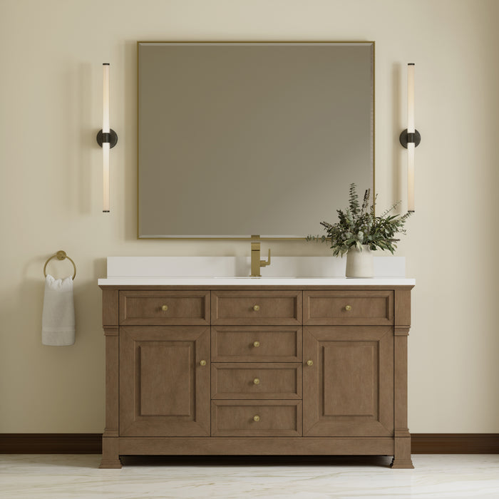 James Martin Brookfield 60" Single Bathroom Vanity in Pecan, shown in a bathroom setting