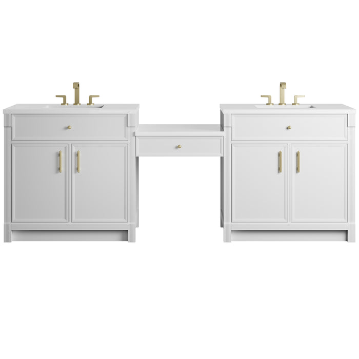 Bellshire 96" Dual Vanity Set with 24" Make-Up Counter, Bright White w/3 cm White Zeus Silestone Top