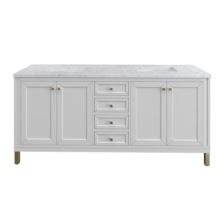 Chicago 72" Double Vanity, Glossy White, w/ 3 CM Carrara Marble Top