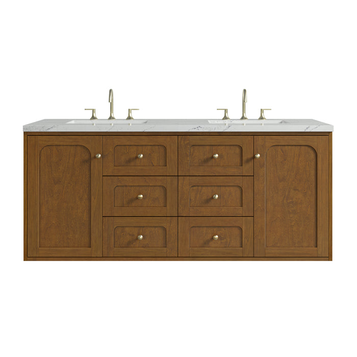 Laurent 60" Double Vanity, Light Natural Oak, w/ 3 CM Parisien Bleu Quartz Top w/FreePower Wireless Charger
