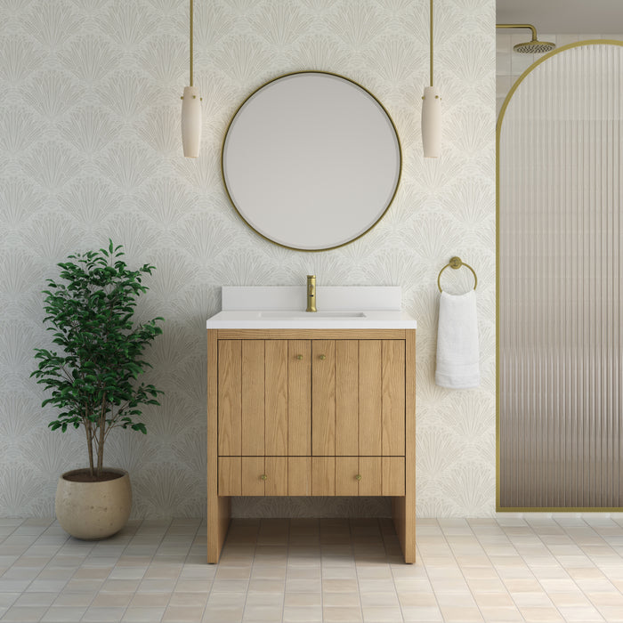 James Martin Hudson 30" Single Bathroom Vanity in Light Natural Oak, shown in a bathroom setting