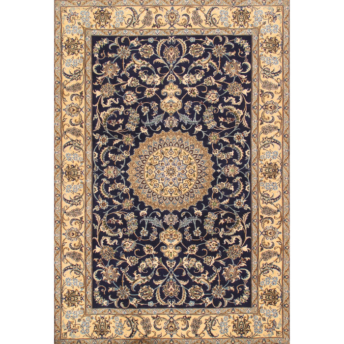 Pasargad Home Azerbaijan Collection Hand-Knotted Silk & Wool Area Rug- 6' 5" X 9' 9", Navy 30815