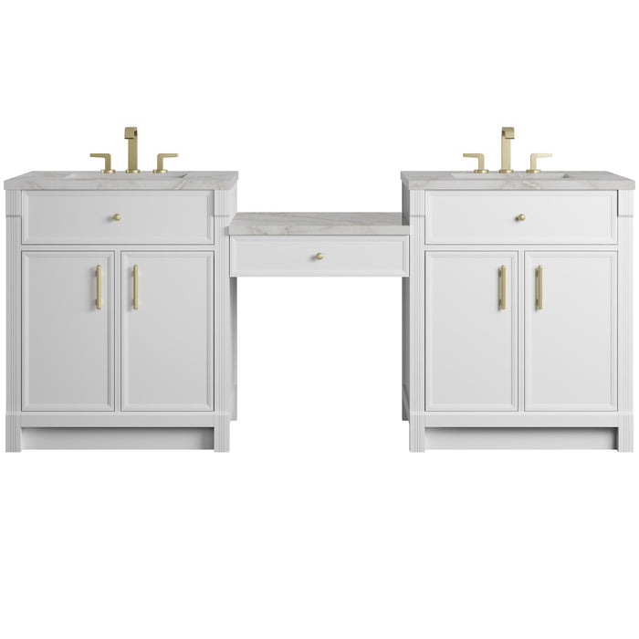 Bellshire 84" Dual Vanity Set with 24" Make-Up Counter, Bright White w/3 cm Victorian Silver Silestone Top