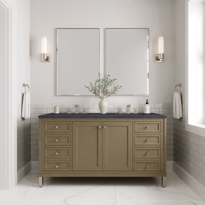 James Martin Chicago 60" Double Bathroom Vanity in Walnut Whisper, shown in a bathroom setting