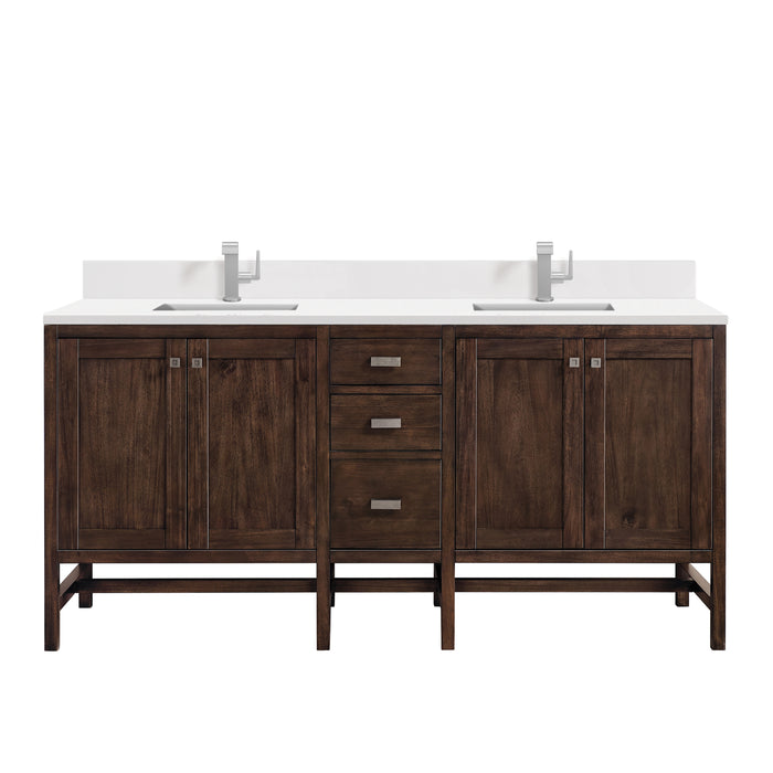 Addison 72" Double Vanity, Mid-Century Acacia w/ Single Hole 3 CM White Zeus Silestone Top & Backsplash