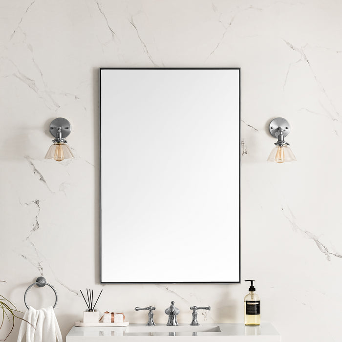 James Martin Rohe 26" Rectangular Mirror in Satin Nickel, shown in a bathroom setting