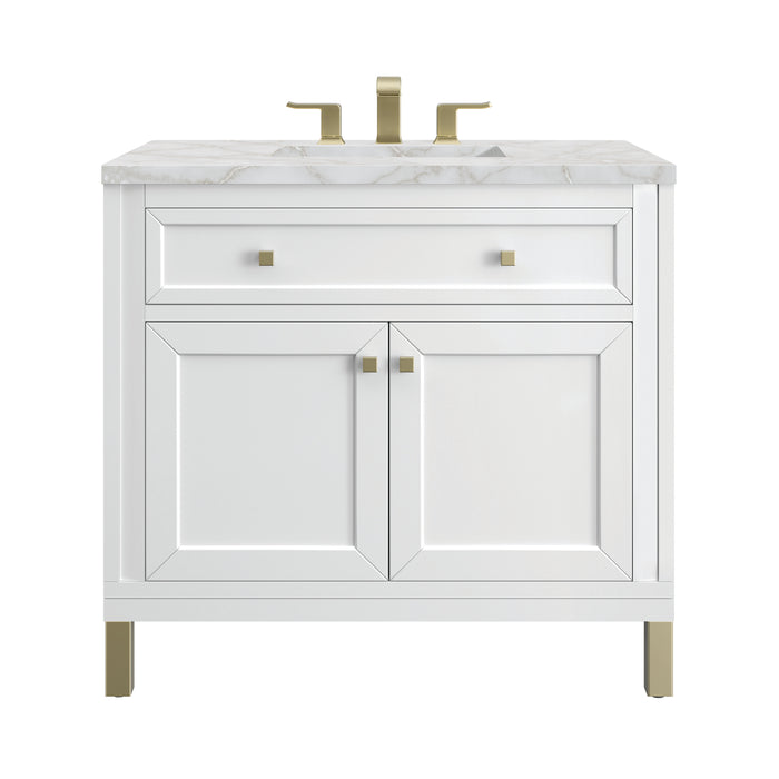 Chicago 36" Single Vanity, Glossy White, w/ 3 CM Victorian Silver Silestone® Top