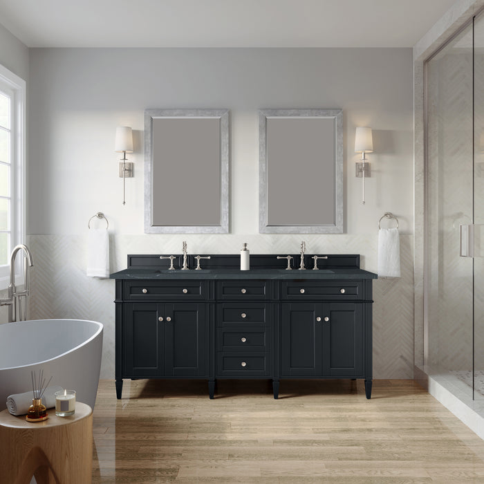 Brittany 72" Double Vanity, Pecan w/ Single Hole 3 CM White Zeus Silestone Top and Matching Backsplash