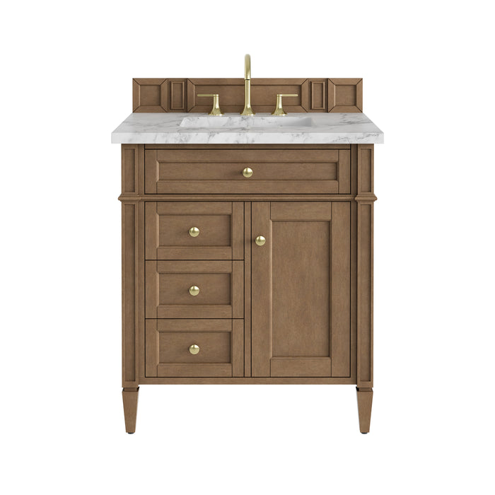 Brittany 30" Single Vanity, Pecan w/ 3 CM Carrara Marble Top