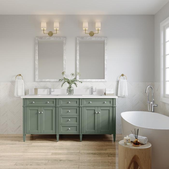 James Martin Brittany 72" Double Bathroom Vanity in Smokey Celadon, shown in a bathroom setting