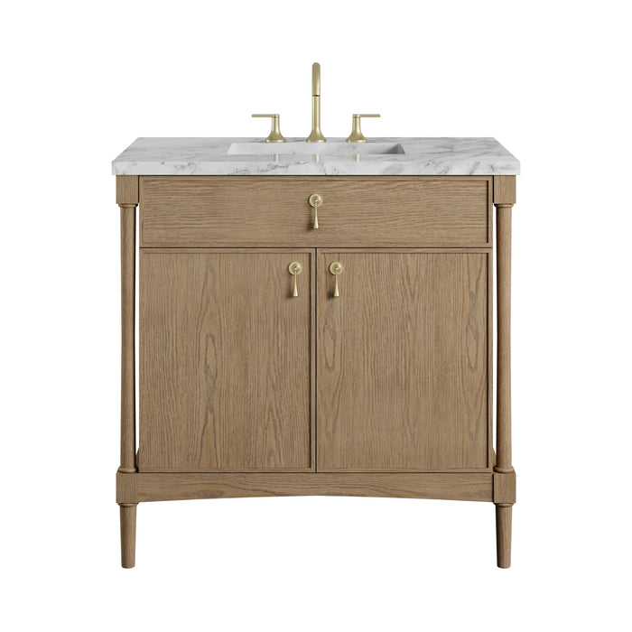Kinnsden 36" Single Vanity, Weathered Oak w/ 3 CM Carrara Marble Top