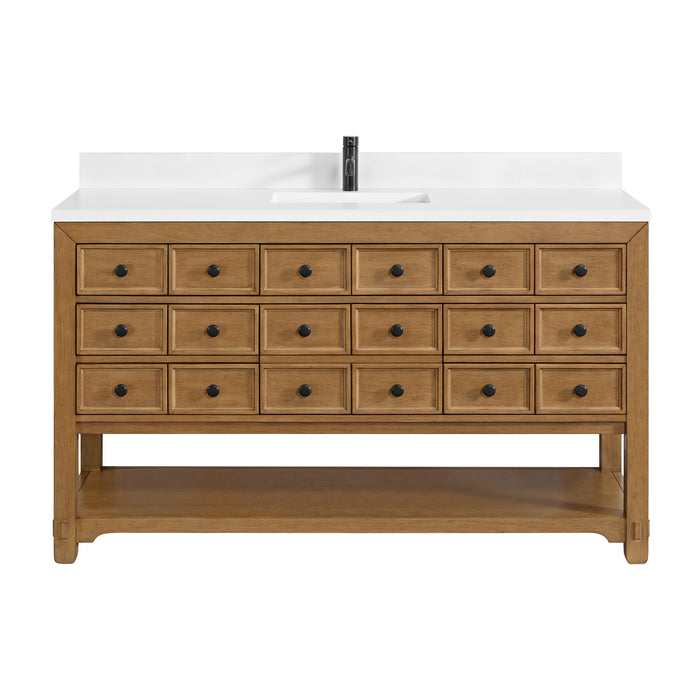 Malibu 60" Single Vanity, Amber Birch w/ Single Hole 3 CM White Zeus Top & Backsplash