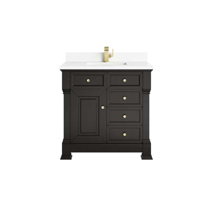 Brookfield 36" Single Vanity, Black Onyx w/ Single Hole 3 CM White Zeus Silestone Top & Backsplash