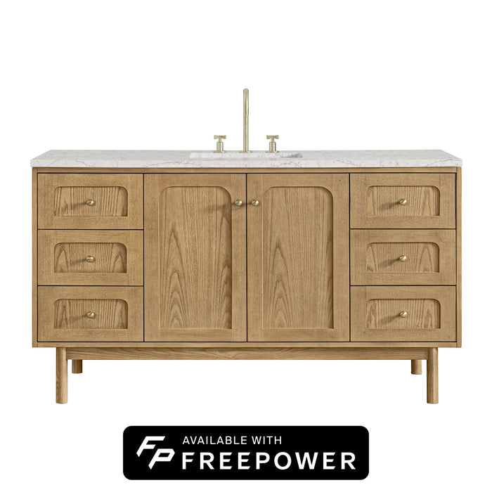 Laurent 60" Single Vanity, Light Natural Oak, w/ 3 CM Parisien Bleu Quartz Top