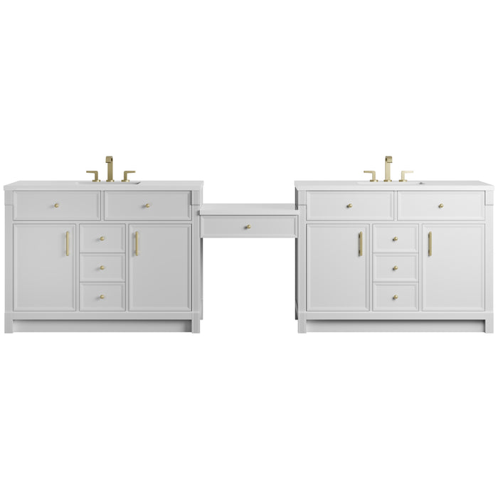 Bellshire 120" Dual Vanity Set with 24" Make-Up Counter, Bright White w/3 cm White Zeus Silestone Top