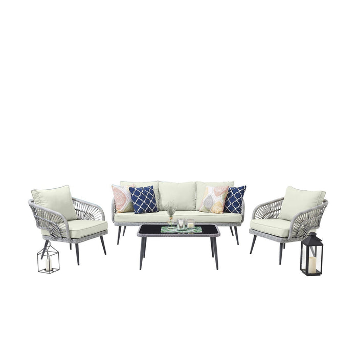 Manhattan Comfort Riviera Rope Wicker 4-Piece 5 Seater Patio Conversation Set with Cushions in Cream