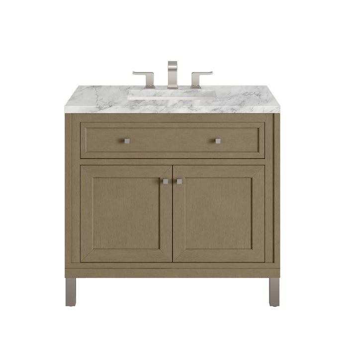 Chicago 36" Single Vanity, Walnut Whisper, w/ 3 CM Carrara Marble Top