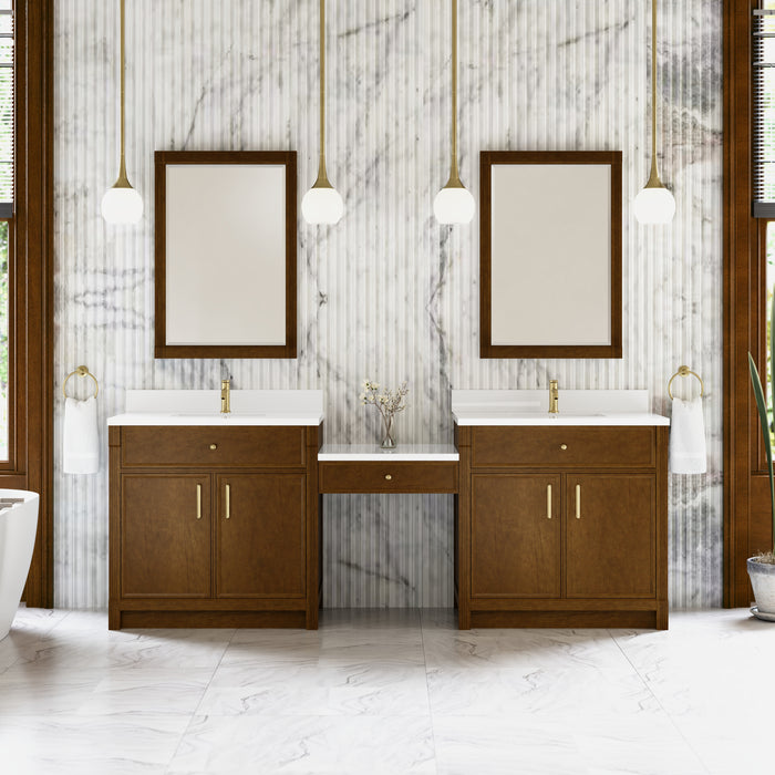 James Martin Bellshire 96" Dual Vanity Set with 24" Make-Up Counter in Honey Oak, shown in a bathroom setting
