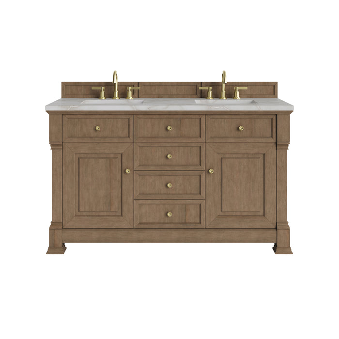 Brookfield 60" Double Vanity, Honey Oak w/ 3 CM Victorian Silver Silestone Top w/FreePower Wireless Charger