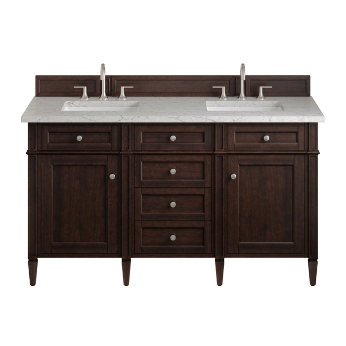 Brittany 60" Double Vanity, Burnished Mahogany w/ 3 CM Carrara Marble Top