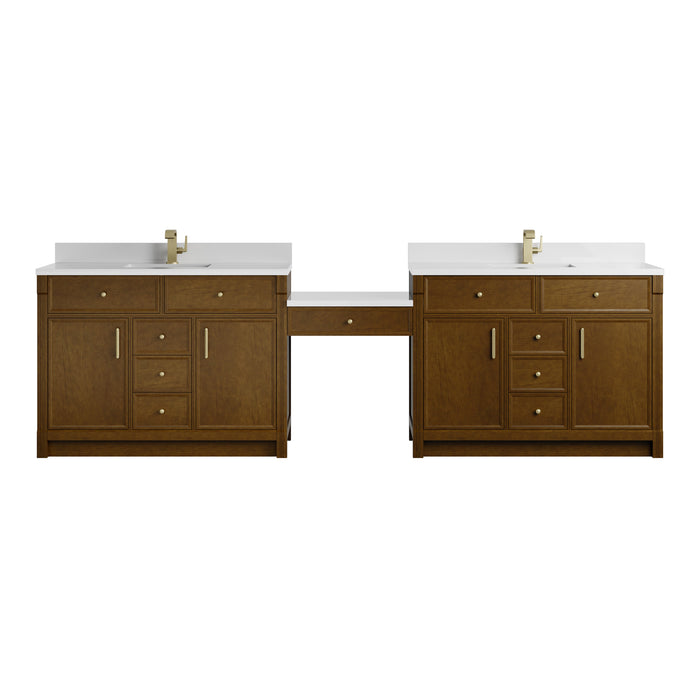 Bellshire 120" Dual Vanity Set with 24" Make-Up Counter, Bright White w/3 cm Eternal Jasmine Pearl Silestone Top w/FreePower Wireless Charger