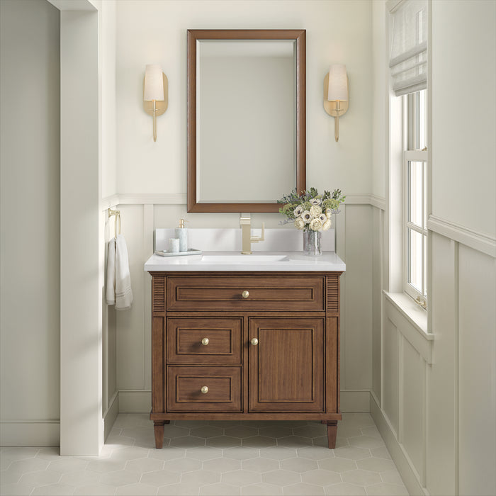 James Martin Lorelai 36" Single Bathroom Vanity in Mid-Century Walnut, shown in a bathroom setting