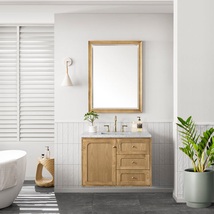 James Martin Laurent 36" Single Bathroom Vanity in Light Natural Oak, shown in a bathroom setting