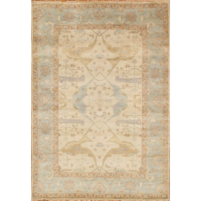 Pasargad Home Oushak Collection Hand-Knotted Lamb's Wool Area Rug- 4' 4" X 6' 1" PS-1 IIVO/L.BLU 4X6