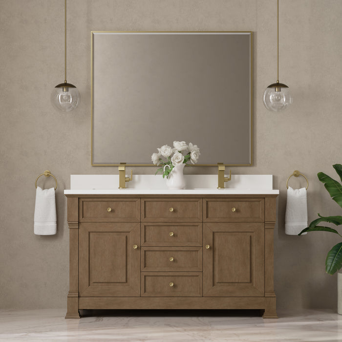 James Martin Brookfield 60" Double Bathroom Vanity in Pecan, shown in a bathroom setting
