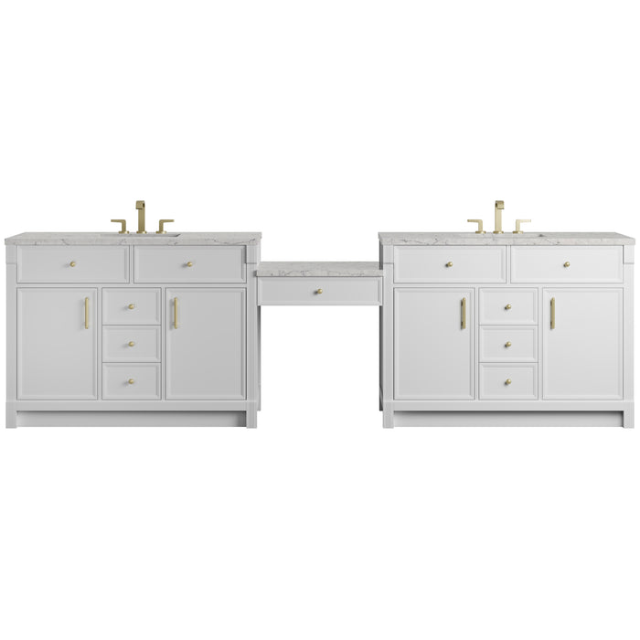 Bellshire 120" Dual Vanity Set with 24" Make-Up Counter, Bright White w/3 cm Eternal Jasmine Pearl Silestone Top