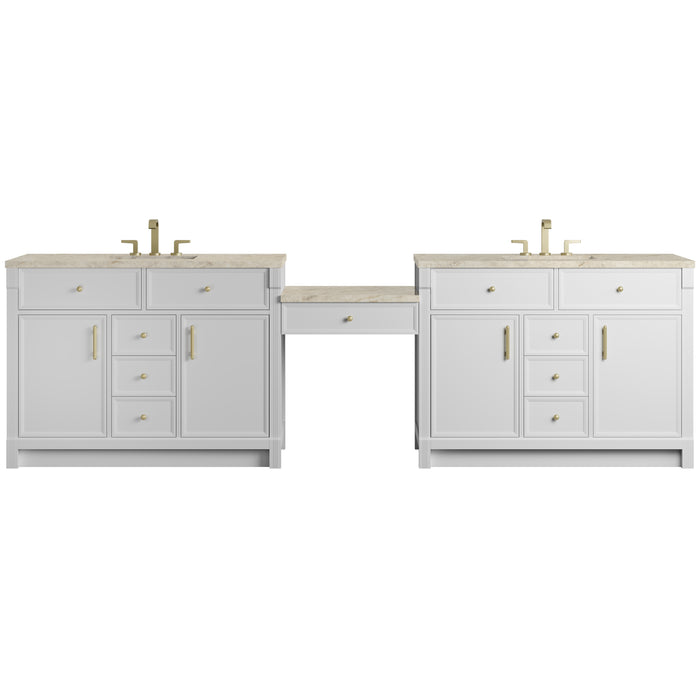Bellshire 120" Dual Vanity Set with 24" Make-Up Counter, Bright White w/3 cm Tajnar Eclos Top