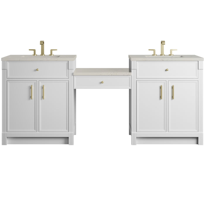 Bellshire 84" Dual Vanity Set with 24" Make-Up Counter, Bright White w/3 cm Siberian Silestone Top