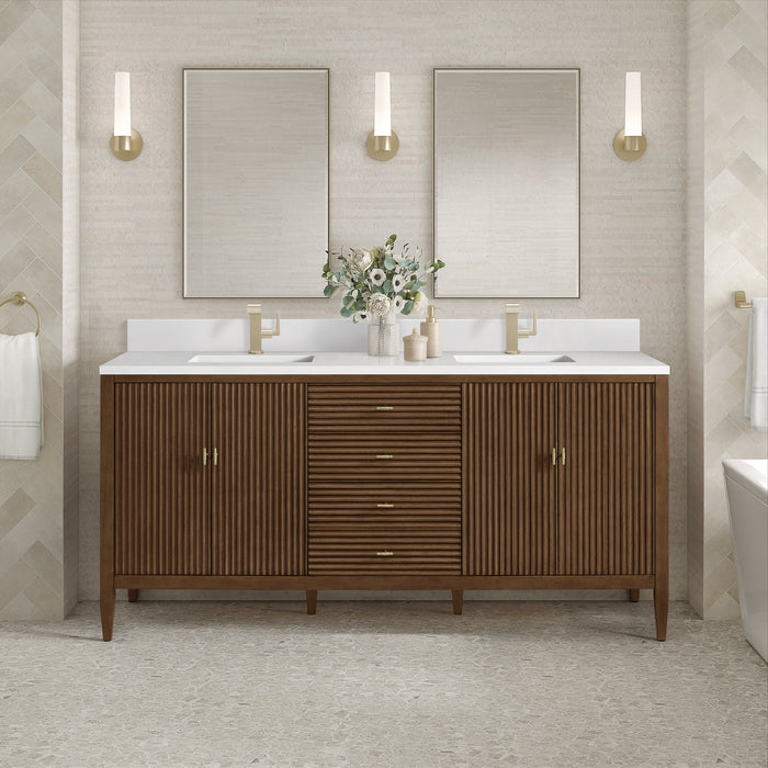 James Martin Myrrin 72" Double Bathroom Vanity in Mid-Century Walnut, shown in a bathroom setting