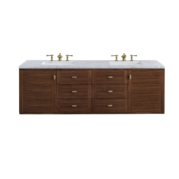Amberly 72" Double Vanity, Mid-Century Walnut, w/ 3 CM Tajnar Eclos Top w/FreePower Wireless Charger